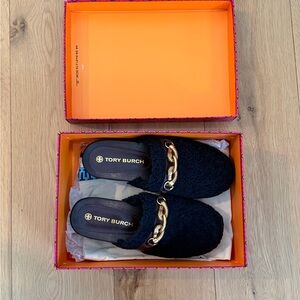 Tory Burch Black Mules with Gold Chain Accent